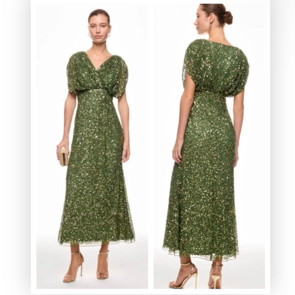 Mac Duggal 5640 Womens Forest Green Draped Sleeve V-Neck Sequin SZ 4 NWT $498